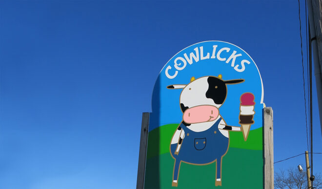 Cowlicks road sign, designed by the Curio Museum, built by Burpee Signs