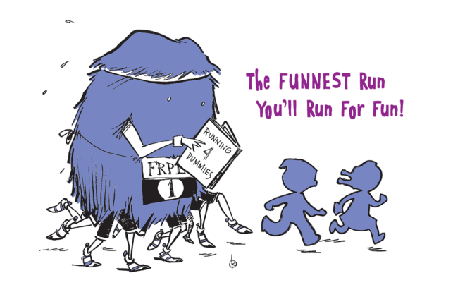 The front of the Fun Run shirts were designed around a pen and ink illustration created for the library by New Yorker cartoonist, John Klossner! He created the monster, I added the children, the tagline, and the color!